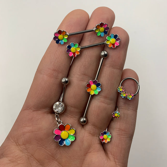 16G 3/8 Rainbow Hippie Flower Septum Ring