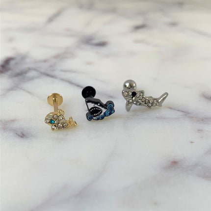 16G 5/16 Clear Aqua Gem Gold Tone Whale Labret Monroe Tragus