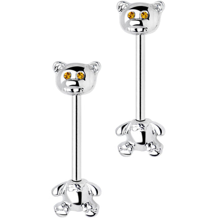 14G 9/16 Yellow Gem Teddy Bear Barbell Nipple Ring Set