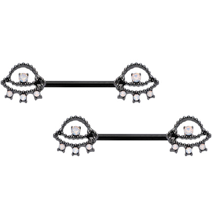 14G 9/16 White Faux Opal Black UFO Barbell Nipple Ring Set