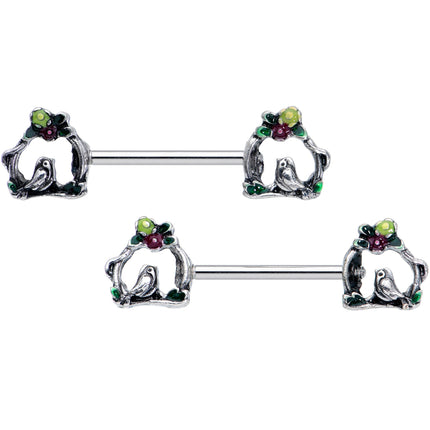 14G 9/16 Purple Yellow Flower Swing Bird Barbell Nipple Ring Set
