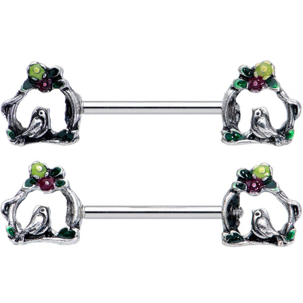 14G 9/16 Purple Yellow Flower Swing Bird Barbell Nipple Ring Set