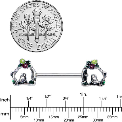 14G 9/16 Purple Yellow Flower Swing Bird Barbell Nipple Ring Set