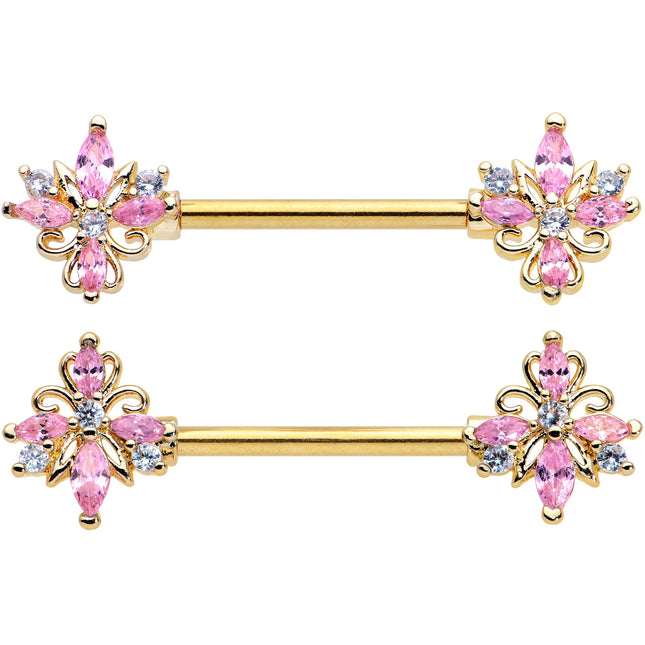 14G 9/16 Pink CZ Gem Gold Tone Pretty Barbell Nipple Ring Set