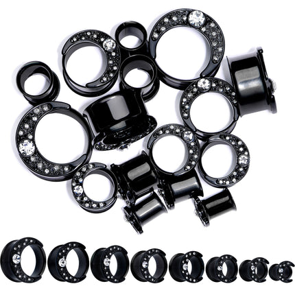 Clear Gem Black Crescent Moon Double Flare Tunnel Plug Set
