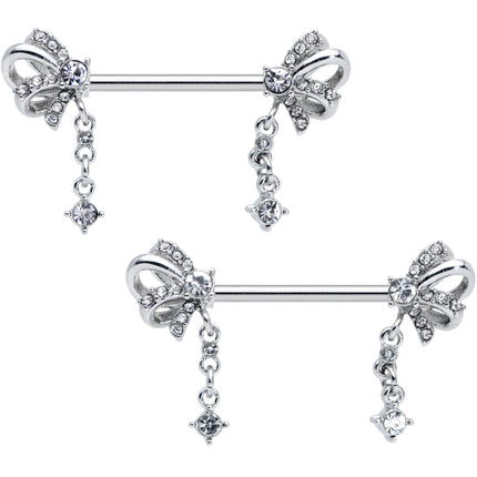 14G 9/16 Clear Gem Looping Bow Dangle Barbell Nipple Ring Set
