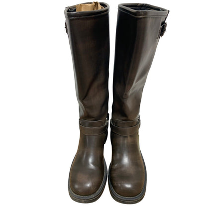 Aminugal Womens Size 7.5 Brown Faux Leather Knee High Square Toe Pull On Boots