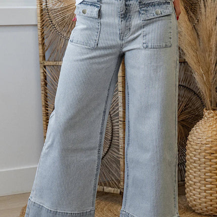 Sky Blue Striped Button Flap Pocket Cuffed Hem Wide Leg Jeans