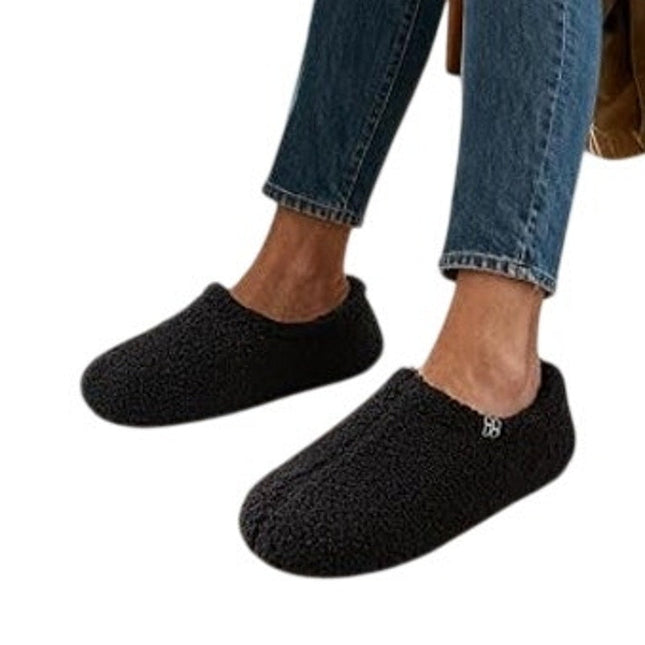 HomeTop Womens Size 7/8 Black Fuzzy Curly Fur Slide On Memory Foam Slippers