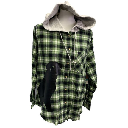 New Hand Printed Womens XL Black Lab Dog Long Sleeve Plaid Flannel Hoodie
