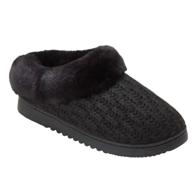New In Box Dearfoam Women Medium 7/8 Black Faux Fur Lined Knit Slide On Slippers