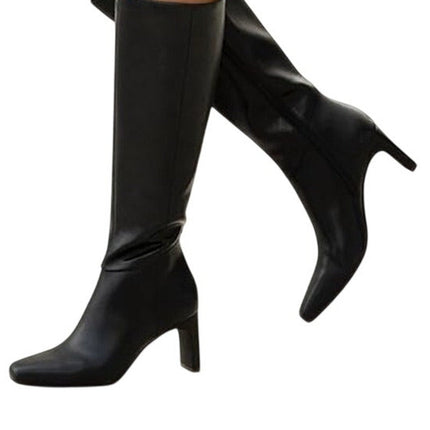 Athlefit Womens Size 8 Black Faux Leather 3" Block Heel Knee High Side Zip Boots