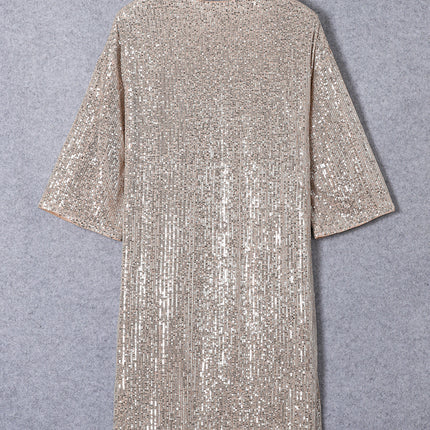 Apricot Sequin 3/4 Sleeve Open Front Duster Cardigan - Femstylo