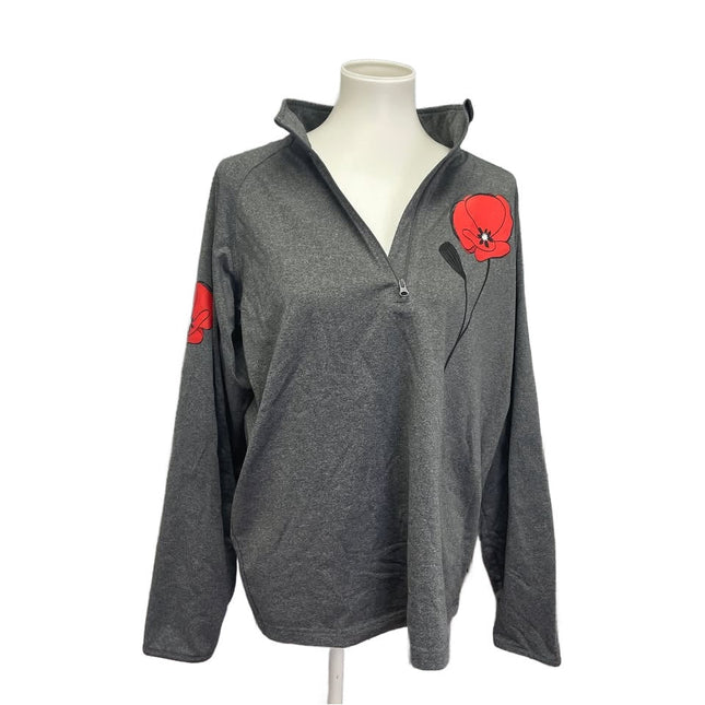Hand Printed Upcycled Womens Medium Red Poppy Flower Half Zip Hoodie Jacket