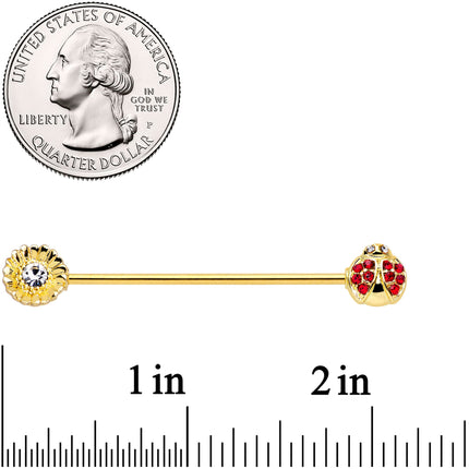 14G Red Gem Gold Tone Ladybug Flower Industrial Barbell 38mm