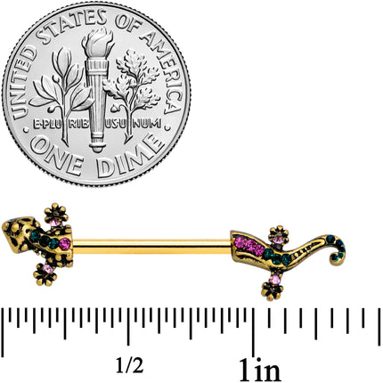 14G 5/8 Pink Aqua Gem Gold Tone Lizard Barbell Nipple Ring Set