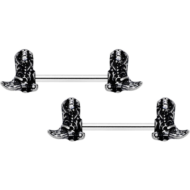 14G 9/16 Clear Gem Cowboy Boot Barbell Nipple Ring Set