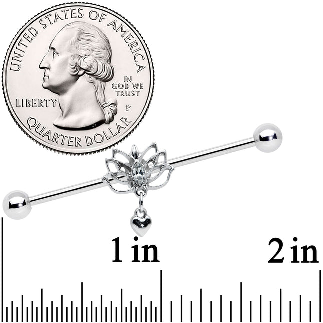 14G Clear Gem Lotus Flower Heart Dangle Industrial Barbell 38mm
