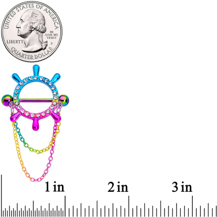 14G 9/16 Clear Gem Rainbow Ships Wheel Chain Dangle Nipple Shield Set
