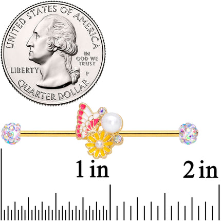 14G Aurora Gem Gold Tone Butterfly Flower Industrial Barbell 38mm