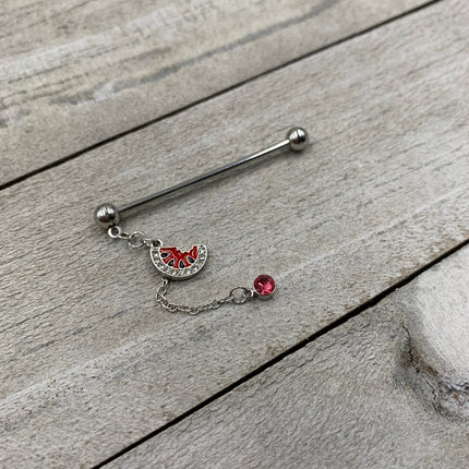 14G Clear Pink Gem Watermelon Chain Dangle Industrial Barbell 38mm