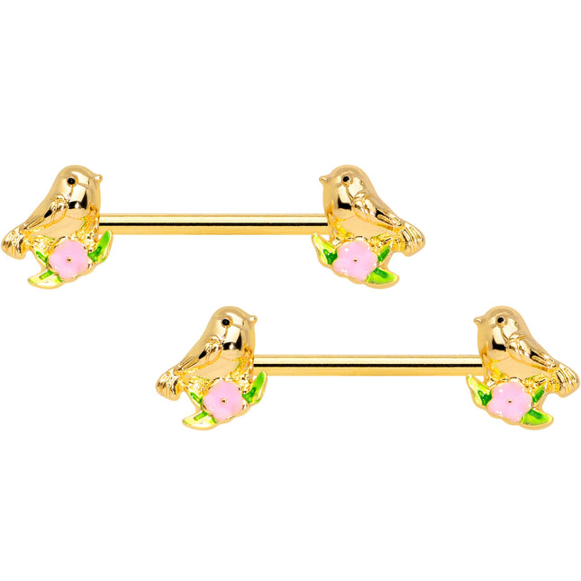 14G 9/16 Gold Tone Bird Pink Flower Barbell Nipple Ring Set