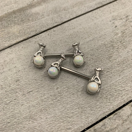 14G 9/16 White Orb Baby Bear Barbell Nipple Ring Set