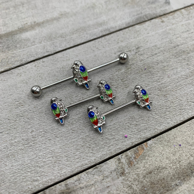 14G 9/16 Clear Gem Tropical Parrot Bird Barbell Nipple Ring Set