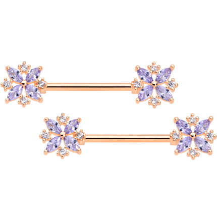 14G 5/8 Purple CZ Gem Rose Gold Tone Star Burst Nipple Ring Set