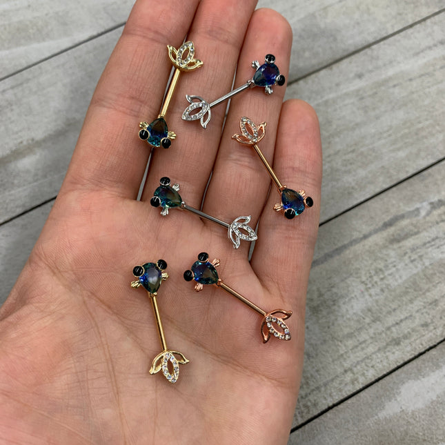14G 9/16 Aqua Gem Rose Gold Tone Fish Barbell Nipple Ring Set