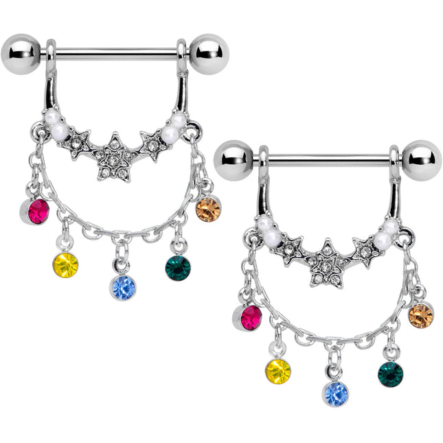 14G 9/16 Multicolor Gem Star Dangle Nipple Ring Set