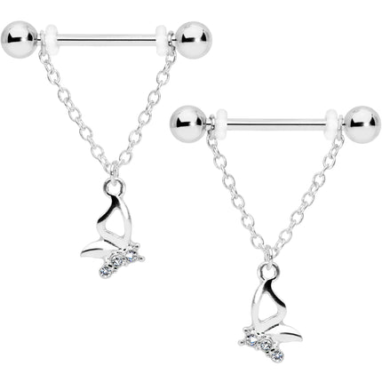 14G 5/8 Clear Gem Butterfly Dangle Nipple Ring Set