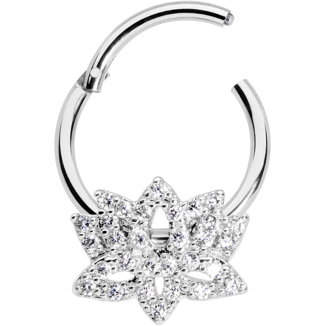 16G 3/8 Clear CZ Gem Lotus Flower Hinged Segment Ring