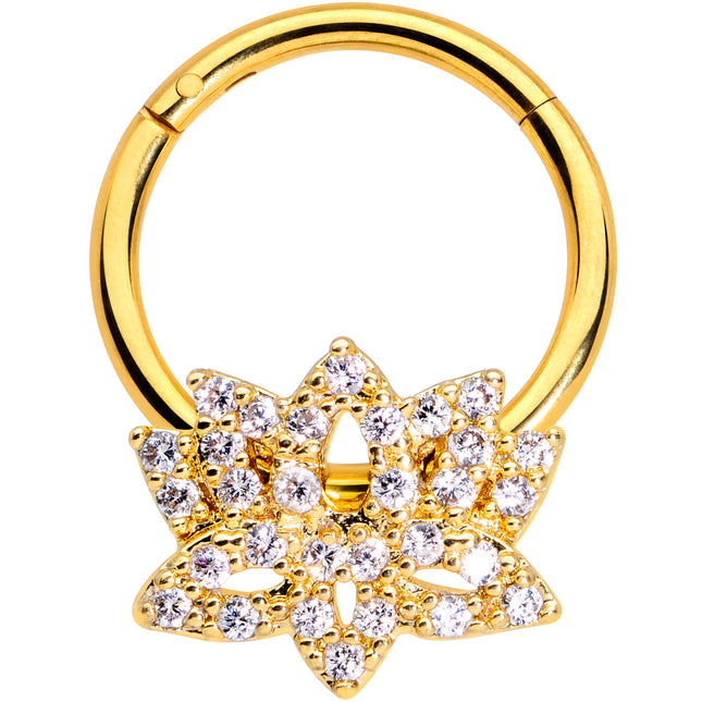 16G 3/8 Clear CZ Gem Gold Tone Lotus Flower Hinged Segment Ring