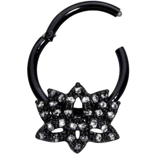 16G 3/8 Clear CZ Gem Black Lotus Flower Hinged Segment Ring