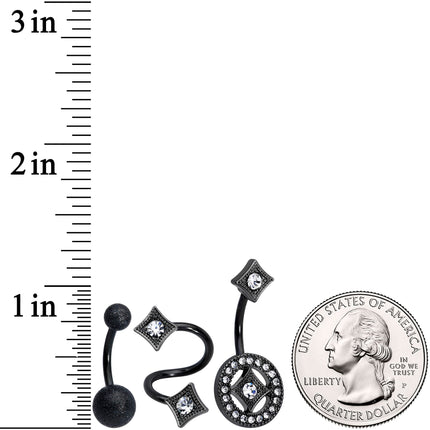 Clear Gem Black Sandblasted Spiral Circle Belly Ring Set of 3