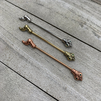 14G Green Gem Gold Tone Tribal Snake Industrial Barbell 38mm