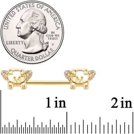 14G 9/16 Clear Gem Gold Tone Flying Pig Barbell Nipple Ring Set