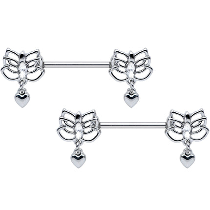 14G 5/8 Clear Gem Lotus Heart Dangle Barbell Nipple Ring Set
