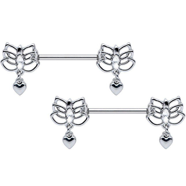 14G 5/8 Clear Gem Lotus Heart Dangle Barbell Nipple Ring Set