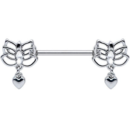 14G 5/8 Clear Gem Lotus Heart Dangle Barbell Nipple Ring Set