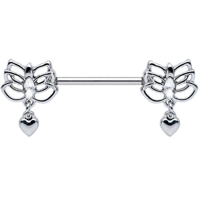 14G 5/8 Clear Gem Lotus Heart Dangle Barbell Nipple Ring Set