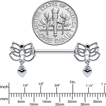 14G 5/8 Clear Gem Lotus Heart Dangle Barbell Nipple Ring Set