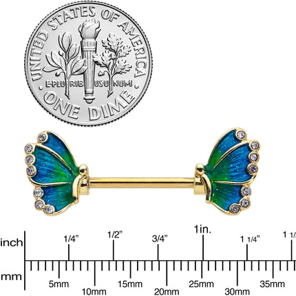 14G 9/16 Clear Gem Gold Tone Blues Butterfly Nipple Ring Set