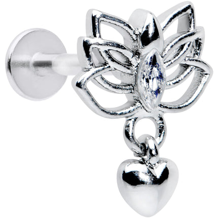 16G 5/16 Clear Gem Lotus Heart Dangle Labret Monroe Tragus