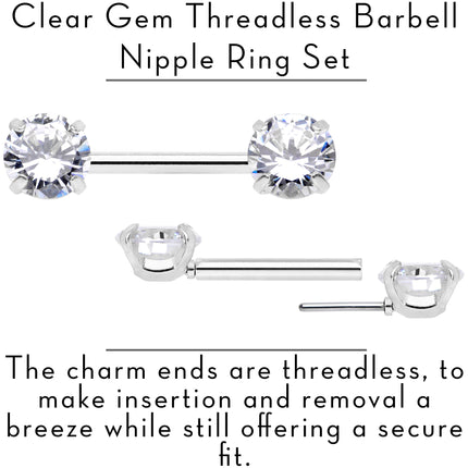 14G 1/2 Clear CZ Gem Threadless Barbell Nipple Ring Set
