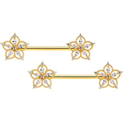 14G 9/16 Clear CZ Gem Gold Tone Airy Flower Nipple Ring Set