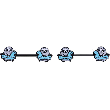 14G 9/16 Black Swimming Sloth Barbell Nipple Ring Set