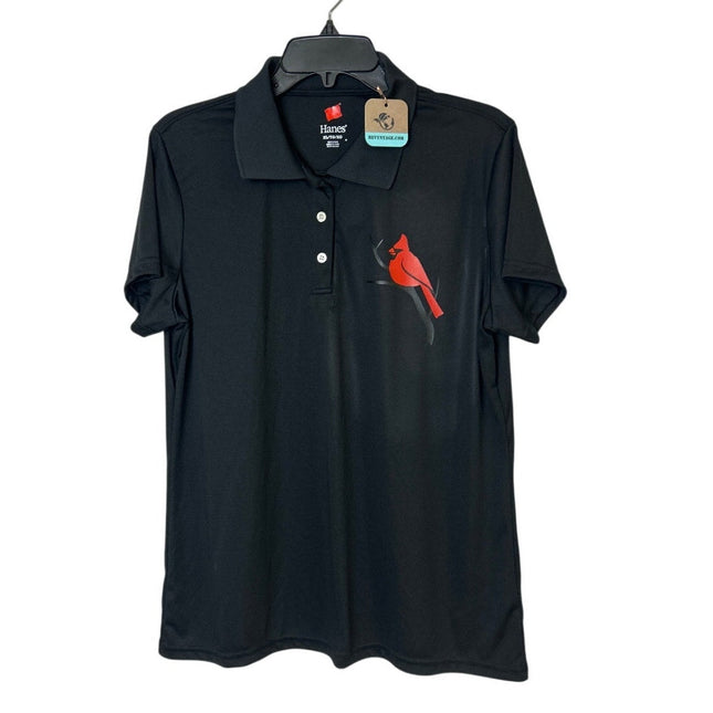 New Hand Printed Womens XL Red Cardinal Bird Black Short Sleeve Polo Shirt