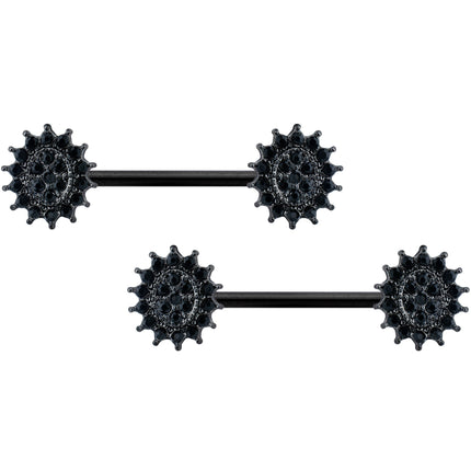 14G 5/8 Black Gem Black Oval Sunburst Barbell Nipple Ring Set